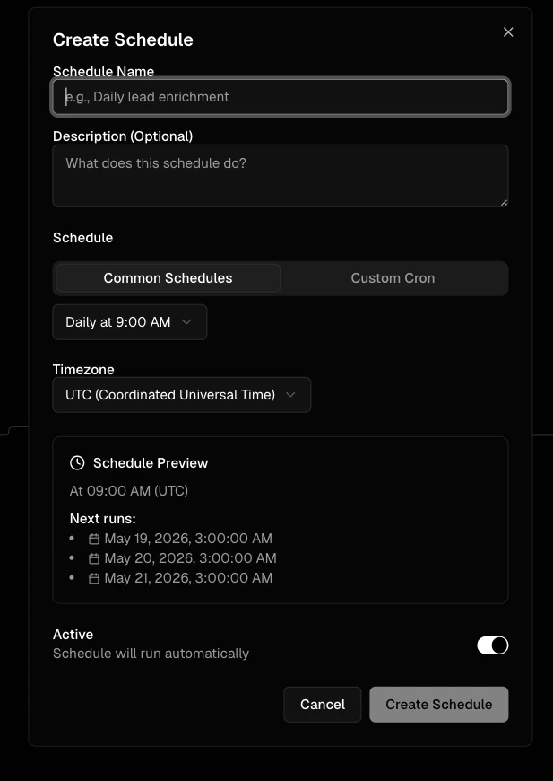 Create Schedule dialog with Common Schedules tab selected, showing Daily at 9:00 AM preview