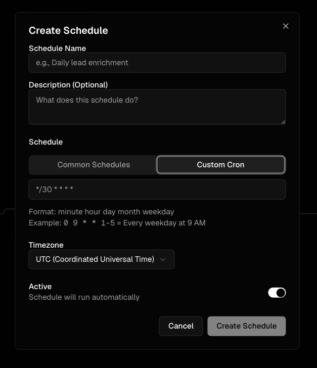 Create Schedule dialog with Custom Cron tab selected