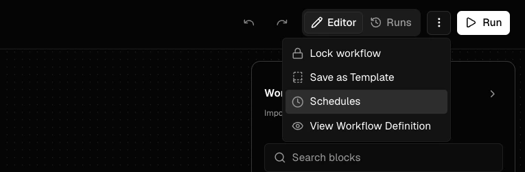 Editor overflow menu with Schedules option highlighted