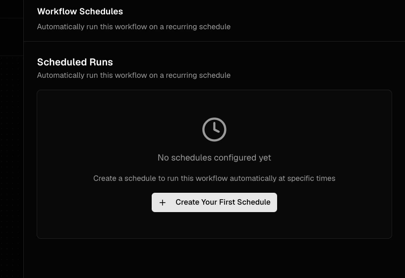 Empty schedules panel with Create Your First Schedule button