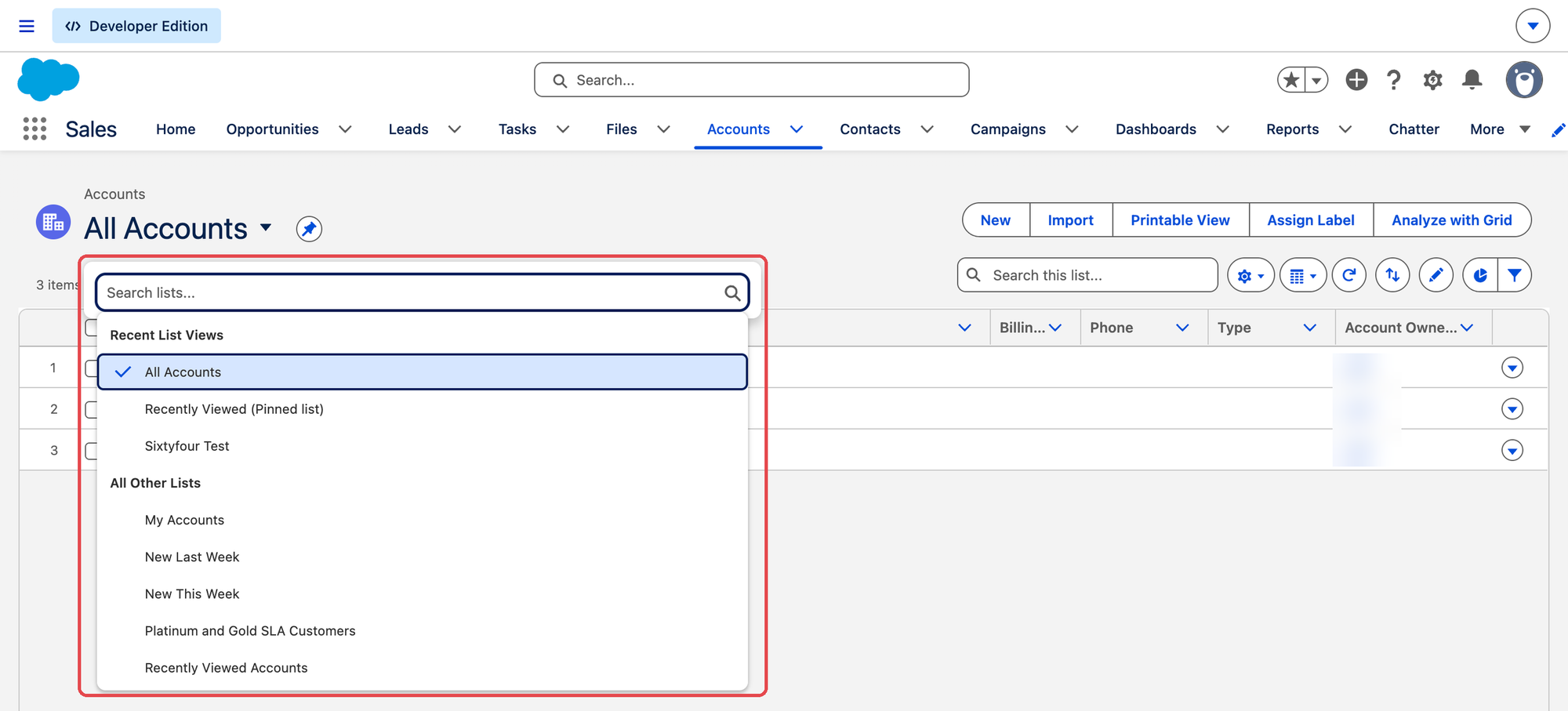 Salesforce Accounts tab with the list view picker open