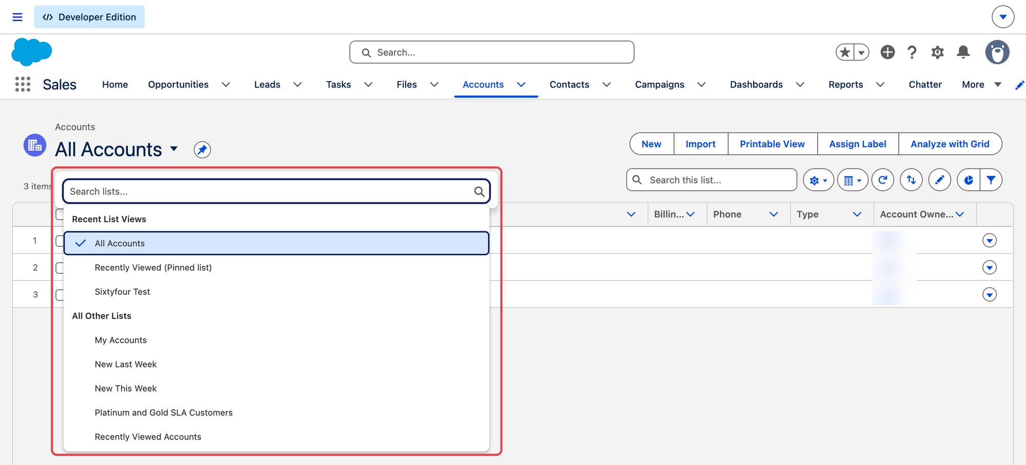 Salesforce Accounts tab with the list view picker open
