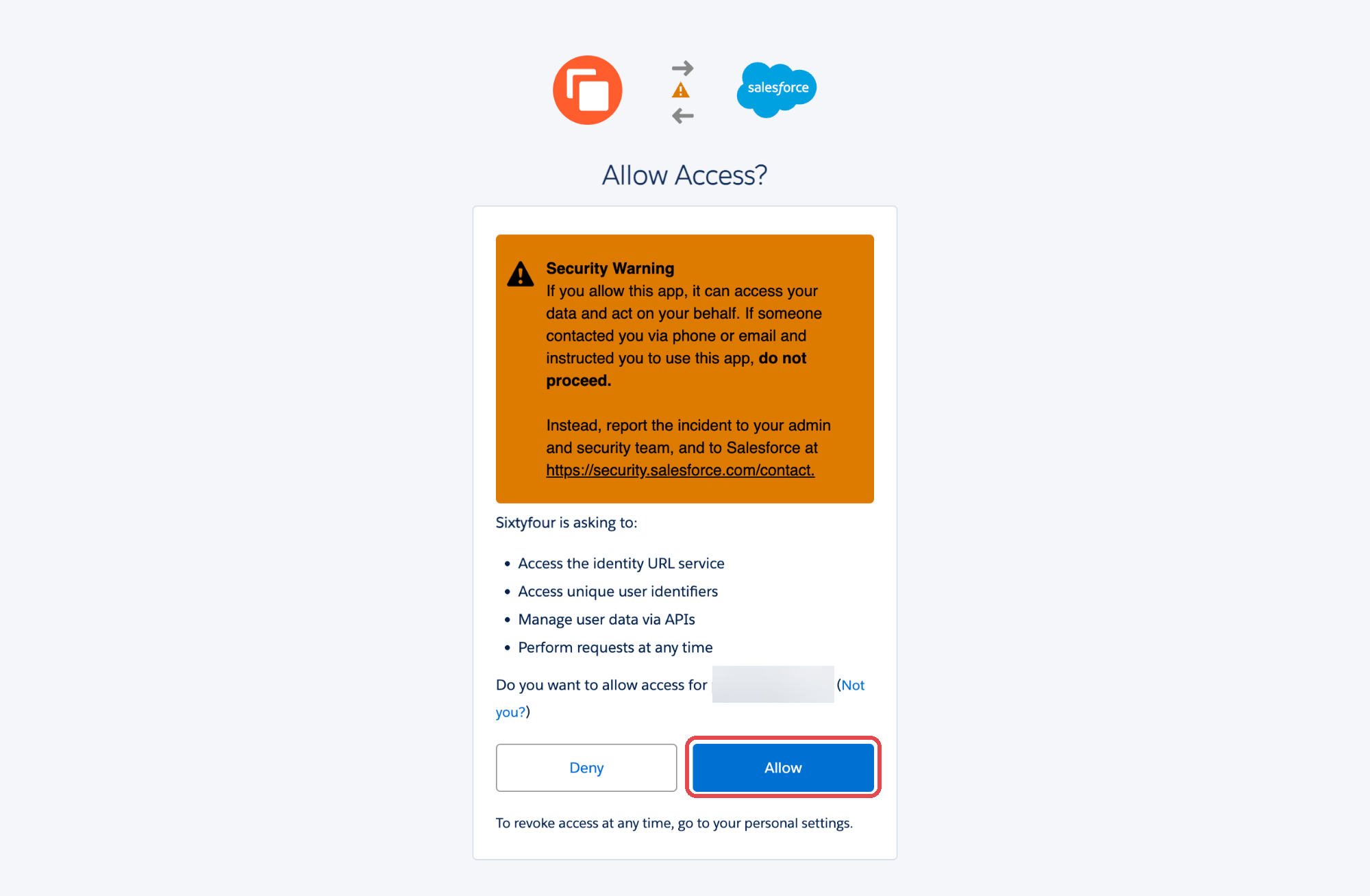 Salesforce Allow Access page for Sixtyfour with the Allow button highlighted