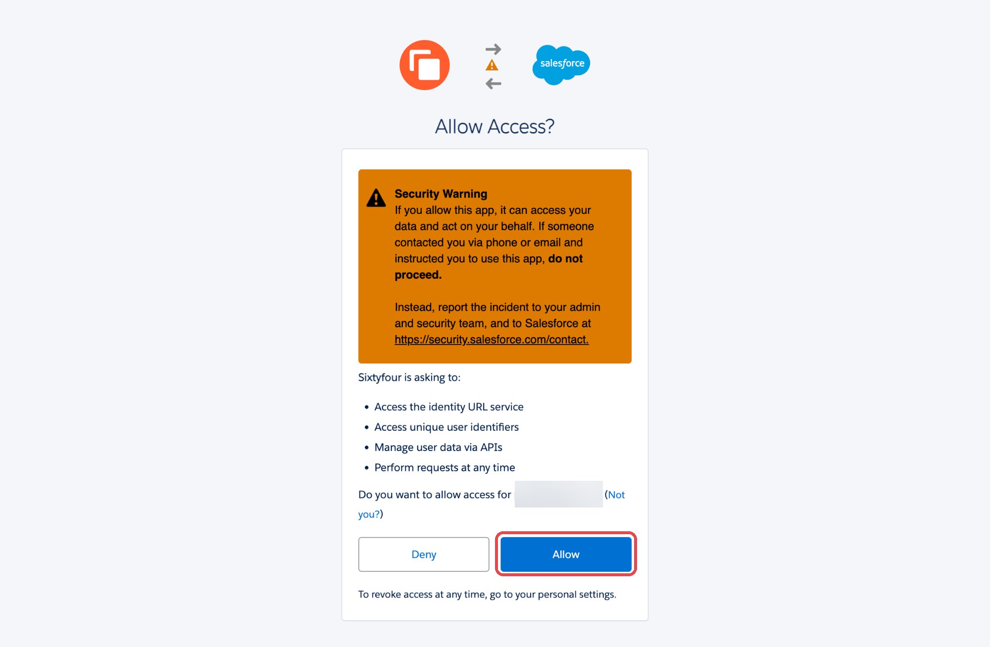 Salesforce Allow Access page for Sixtyfour with the Allow button highlighted
