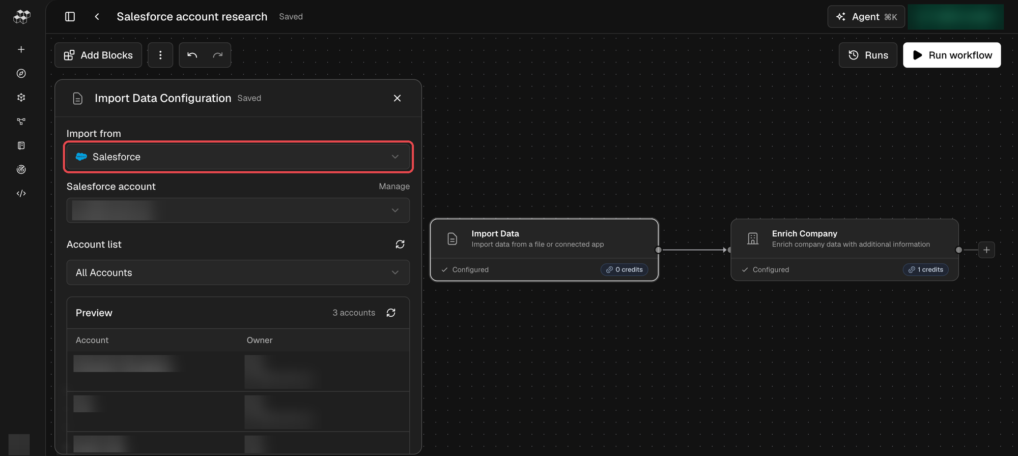 Import Data block configured to import a Salesforce account list, with a preview of the accounts