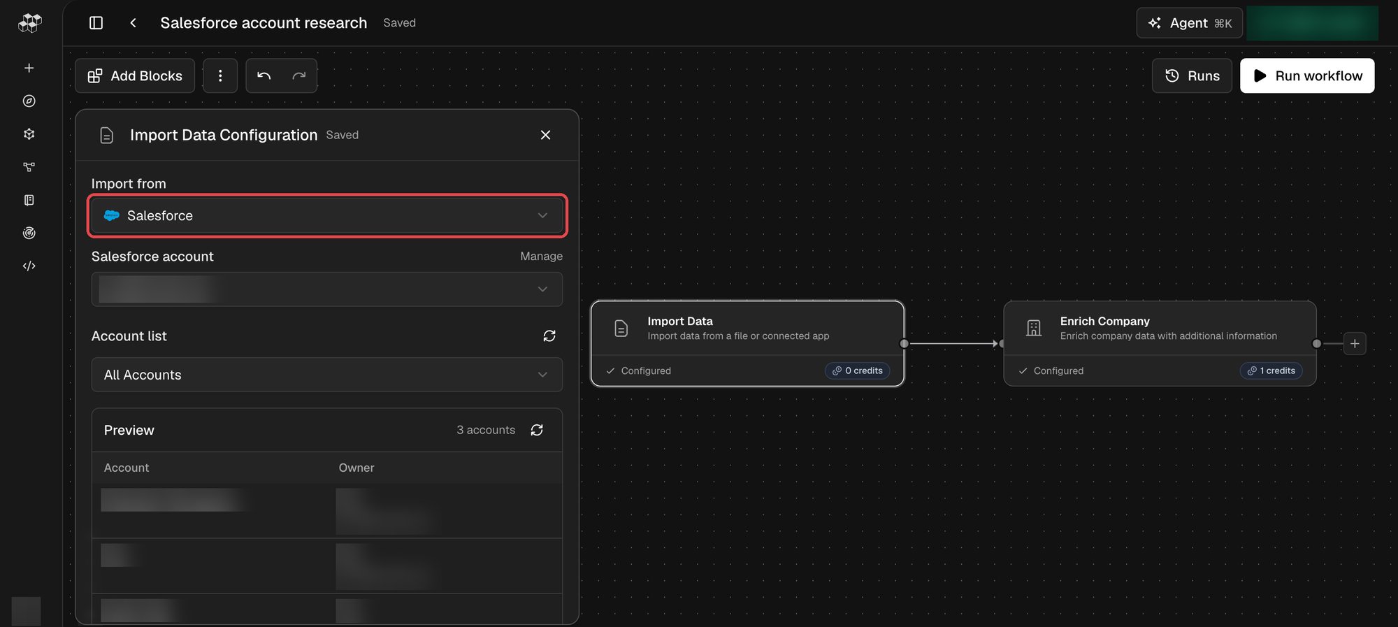 Import Data block configured to import a Salesforce account list, with a preview of the accounts