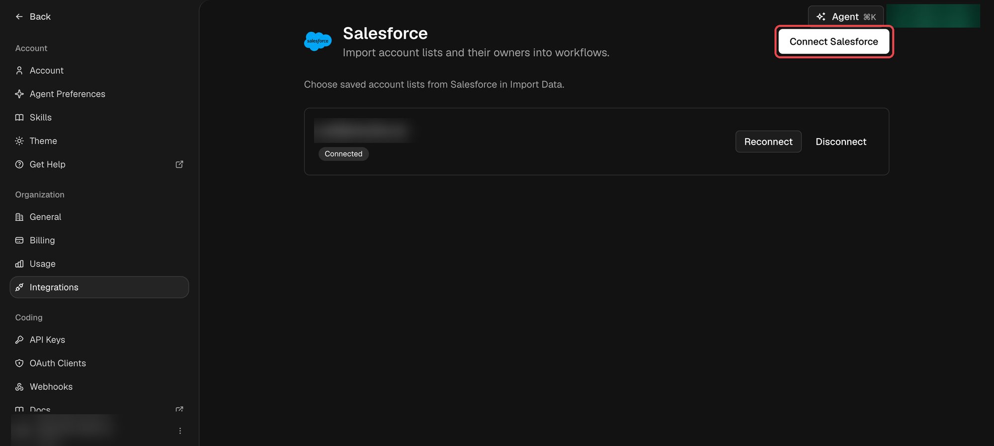 Salesforce settings page in Sixtyfour with the Connect Salesforce button highlighted