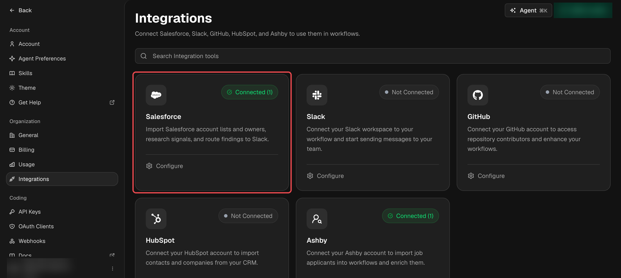 Sixtyfour Integrations settings page with the Salesforce card highlighted