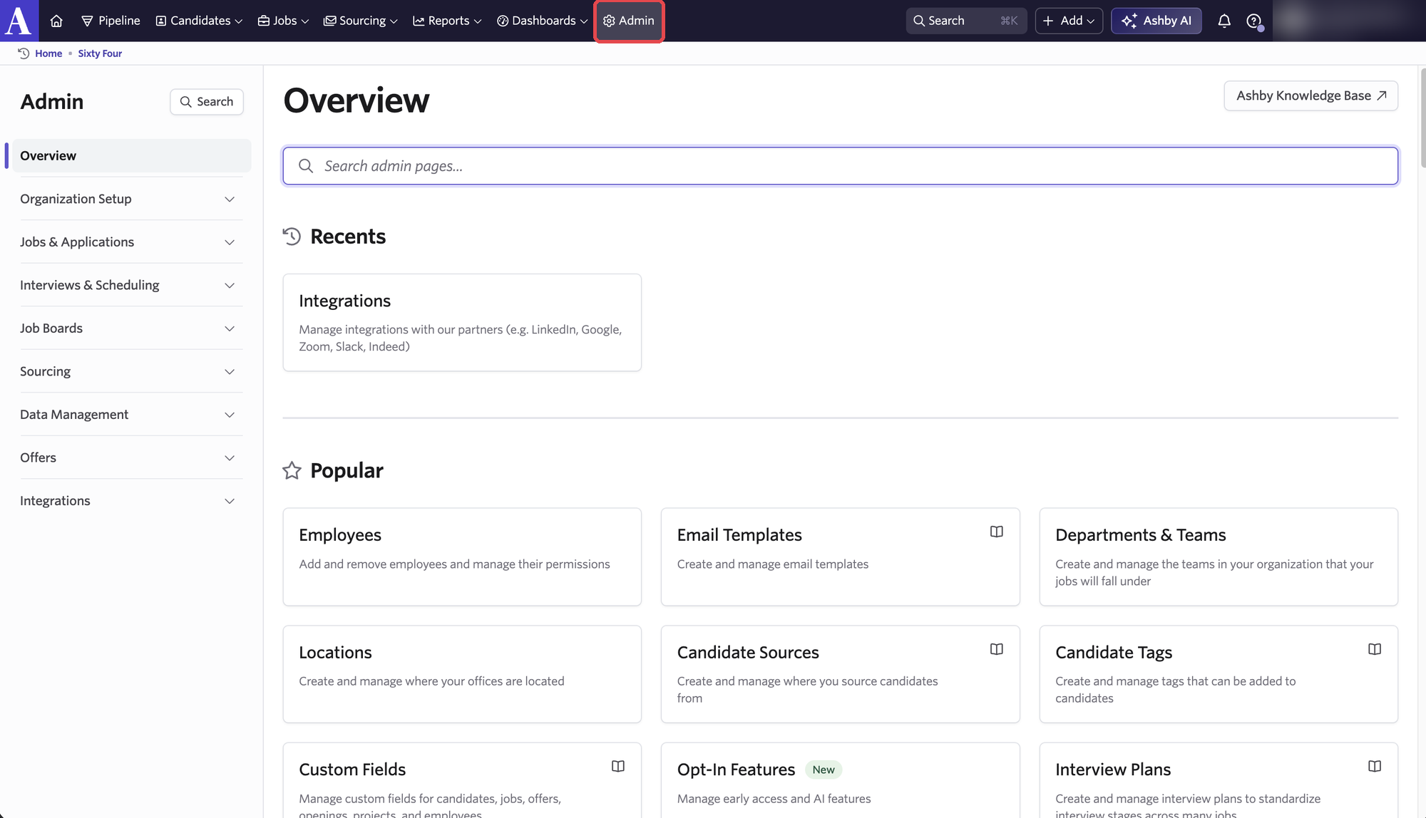 Ashby top navigation bar with Admin highlighted