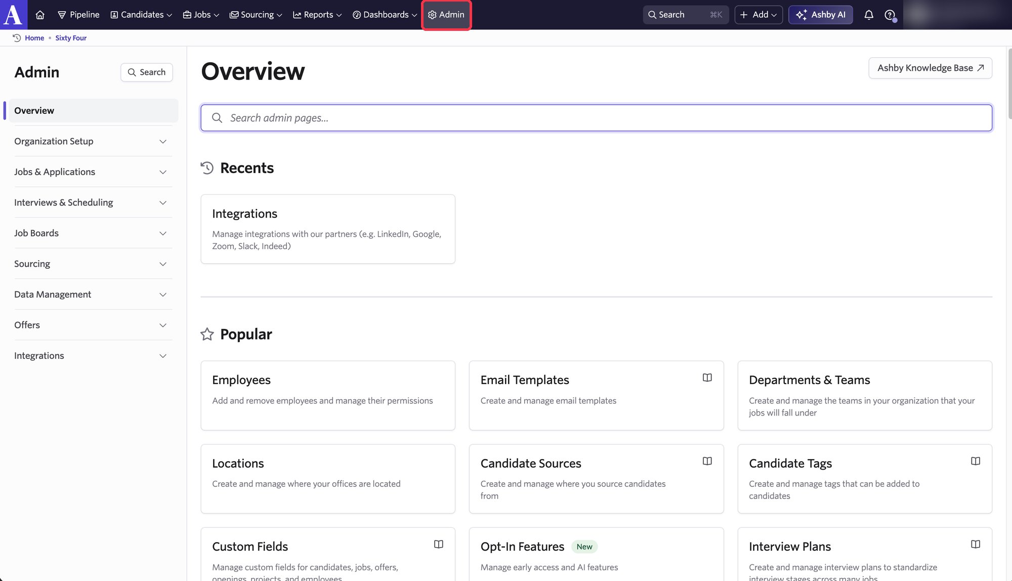Ashby top navigation bar with Admin highlighted