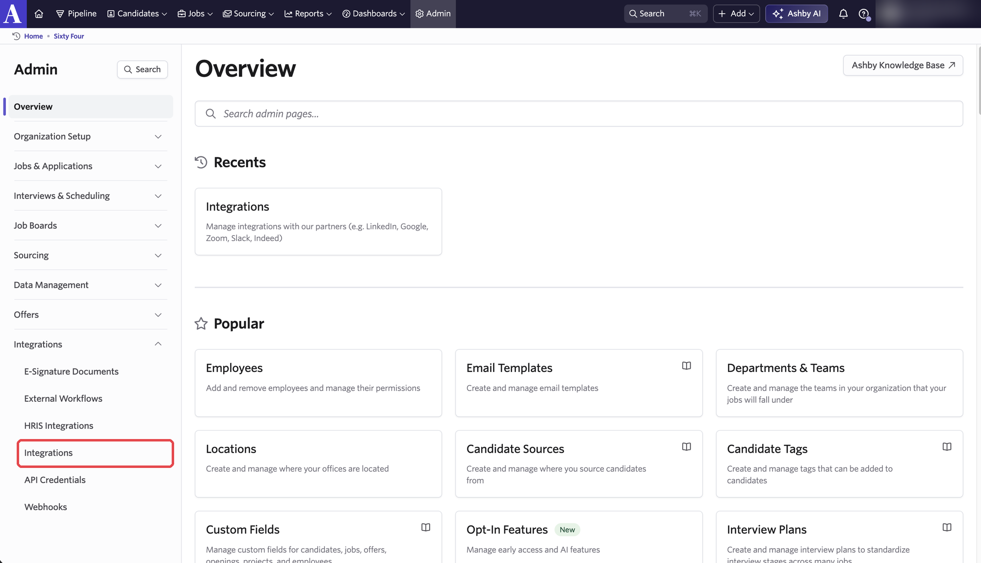 Ashby Admin Integrations page with the Integrations item highlighted in the left panel