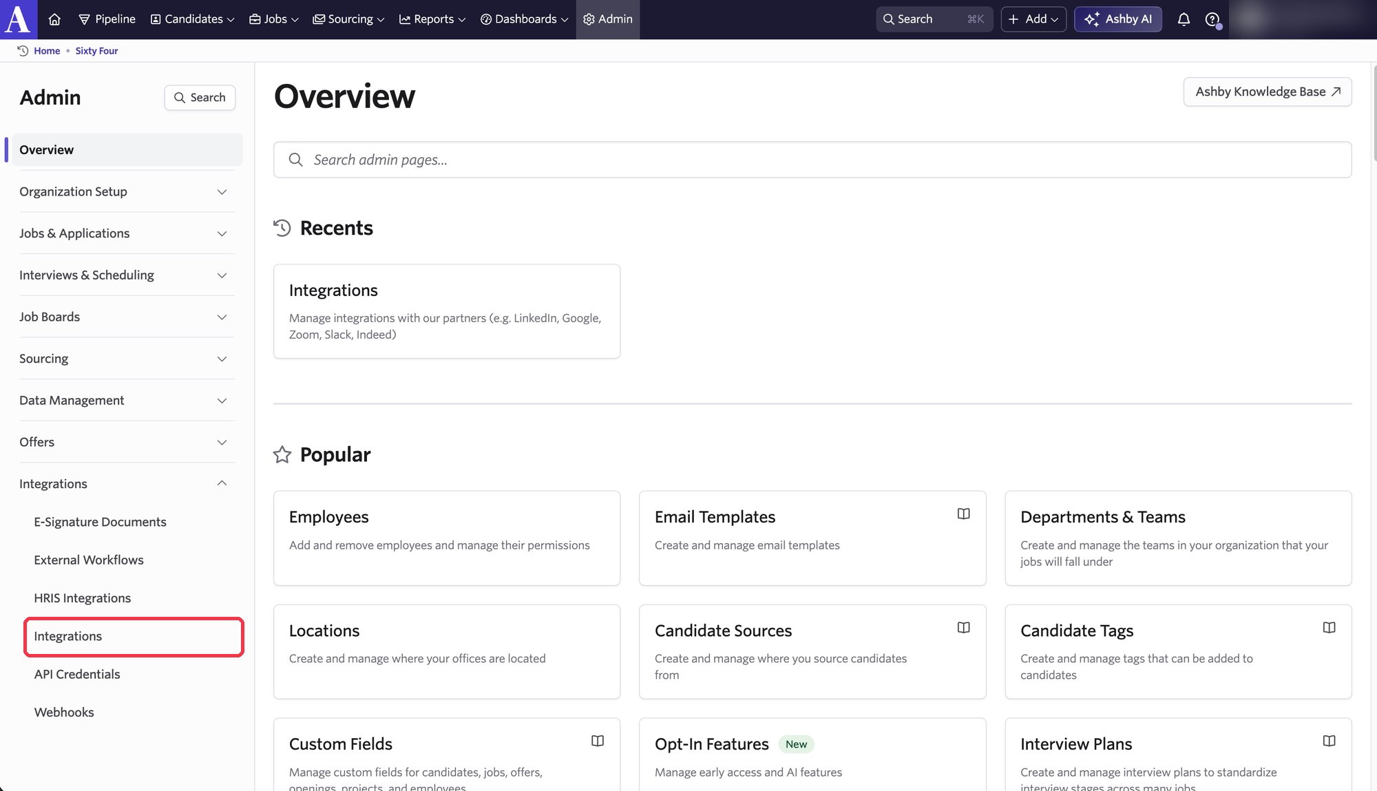 Ashby Admin Integrations page with the Integrations item highlighted in the left panel