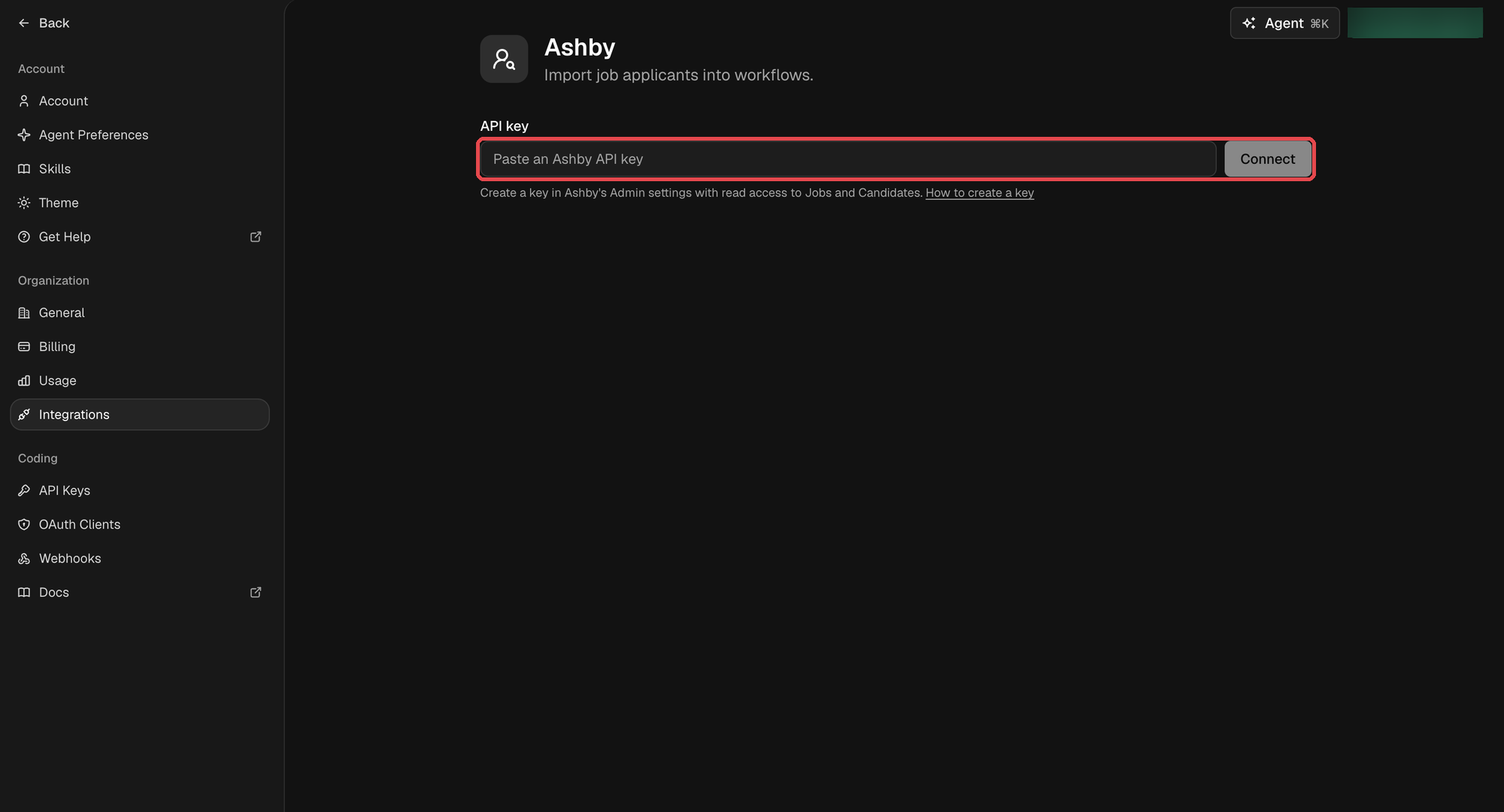 Ashby settings page in Sixtyfour with the API key field and Connect button highlighted