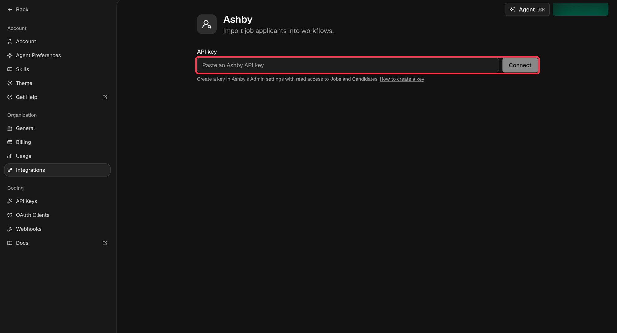 Ashby settings page in Sixtyfour with the API key field and Connect button highlighted
