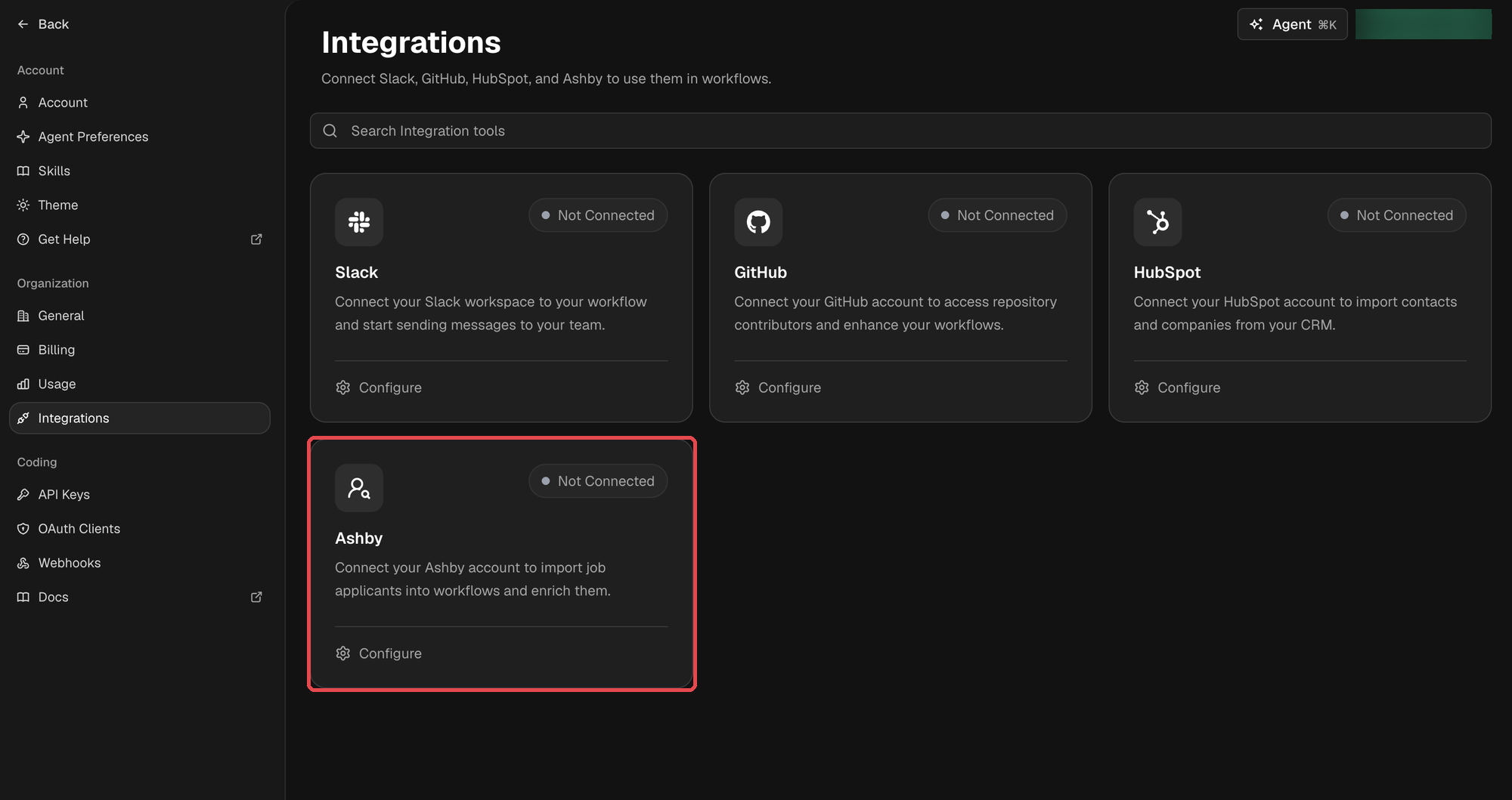 Sixtyfour Integrations settings page showing the Ashby card