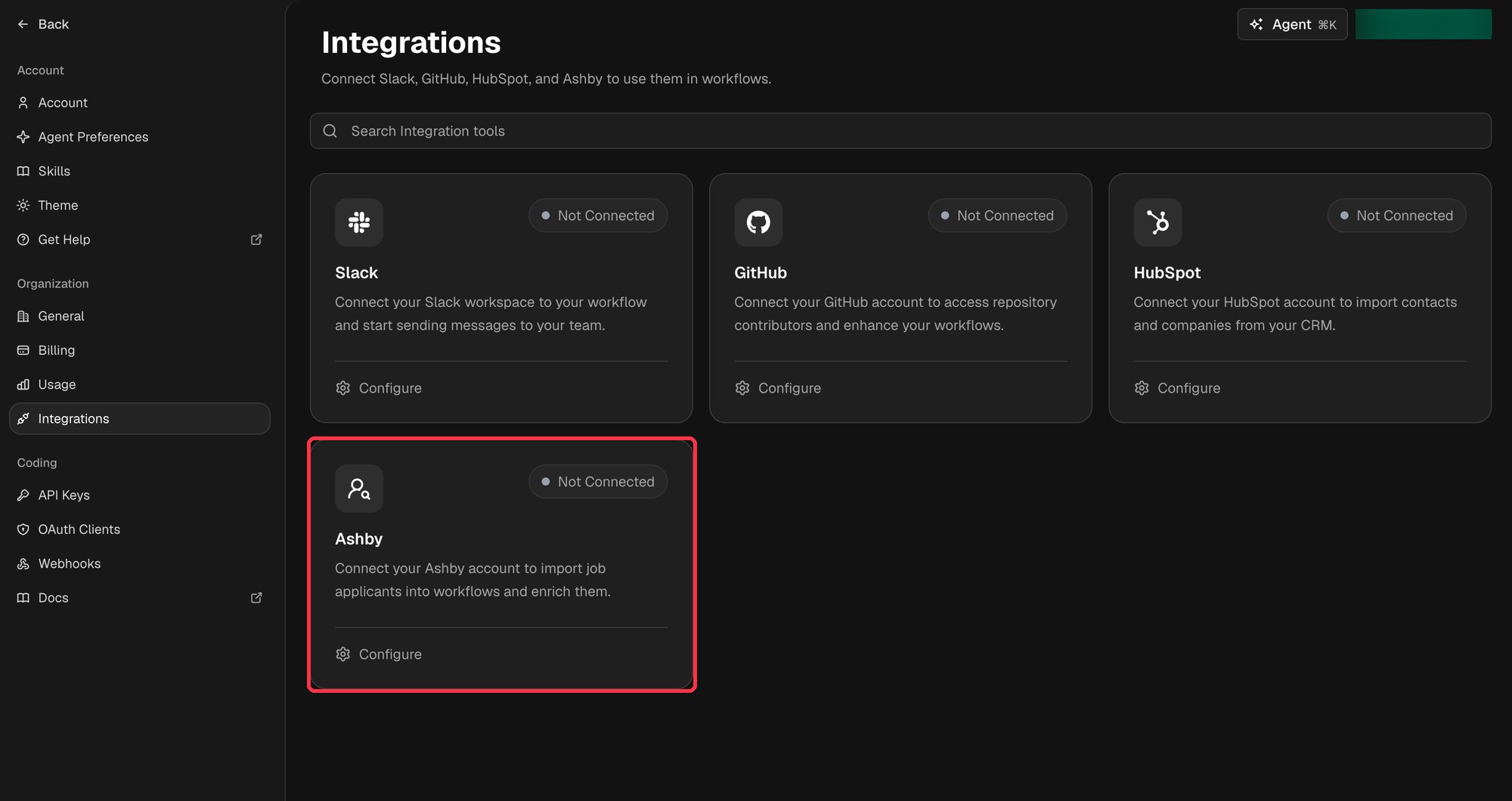 Sixtyfour Integrations settings page showing the Ashby card