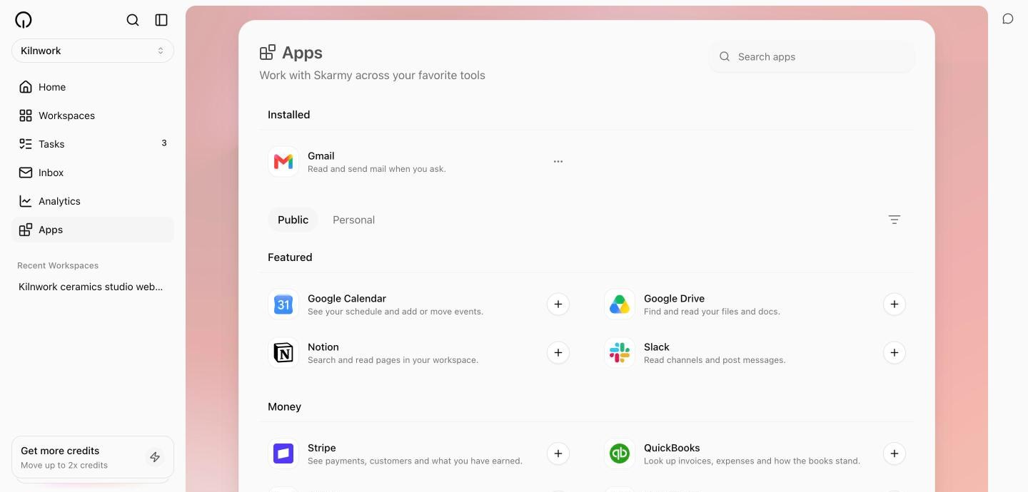 The Apps page: an Installed strip showing Gmail connected, Public and Personal scope pills, and the Featured and Money categories with one-line descriptions and connect buttons