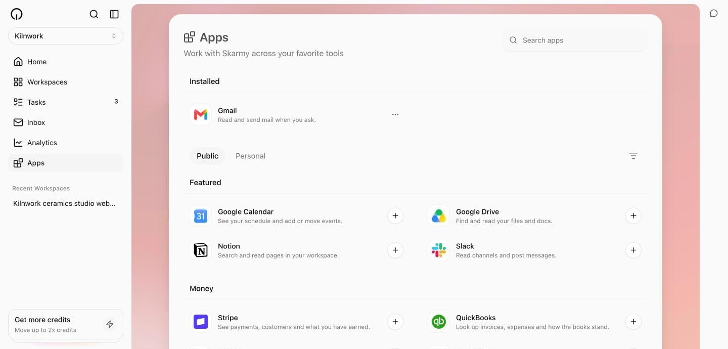 The Apps page: an Installed strip showing Gmail connected, Public and Personal scope pills, and the Featured and Money categories with one-line descriptions and connect buttons