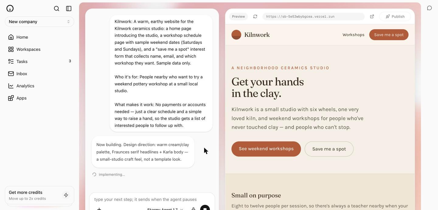 The workspace mid-build: the Builder's progress in the conversation on the left, the Kilnwork site rendering live in the preview pane on the right, and the Publish button above it