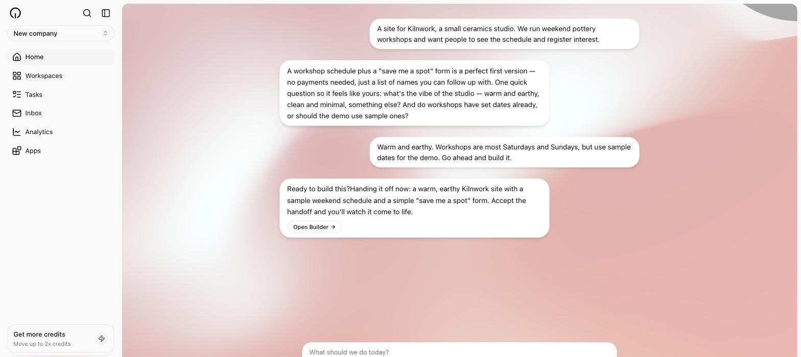 The coach conversation for the Kilnwork example, ending in a summary of what will be built and an Open Builder button