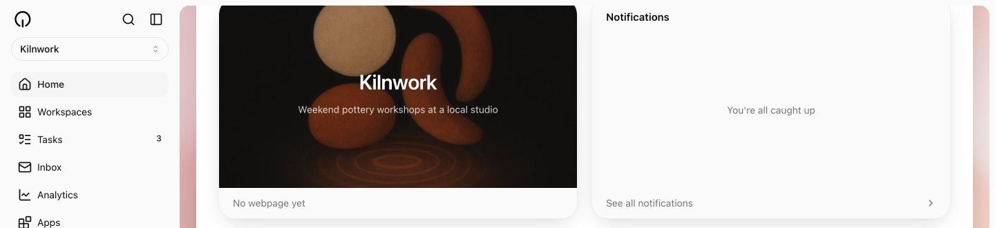 The Company Overview for the Kilnwork example: the Identity card with the generated cover image, name, and one-liner, beside the Notifications card reading You're all caught up