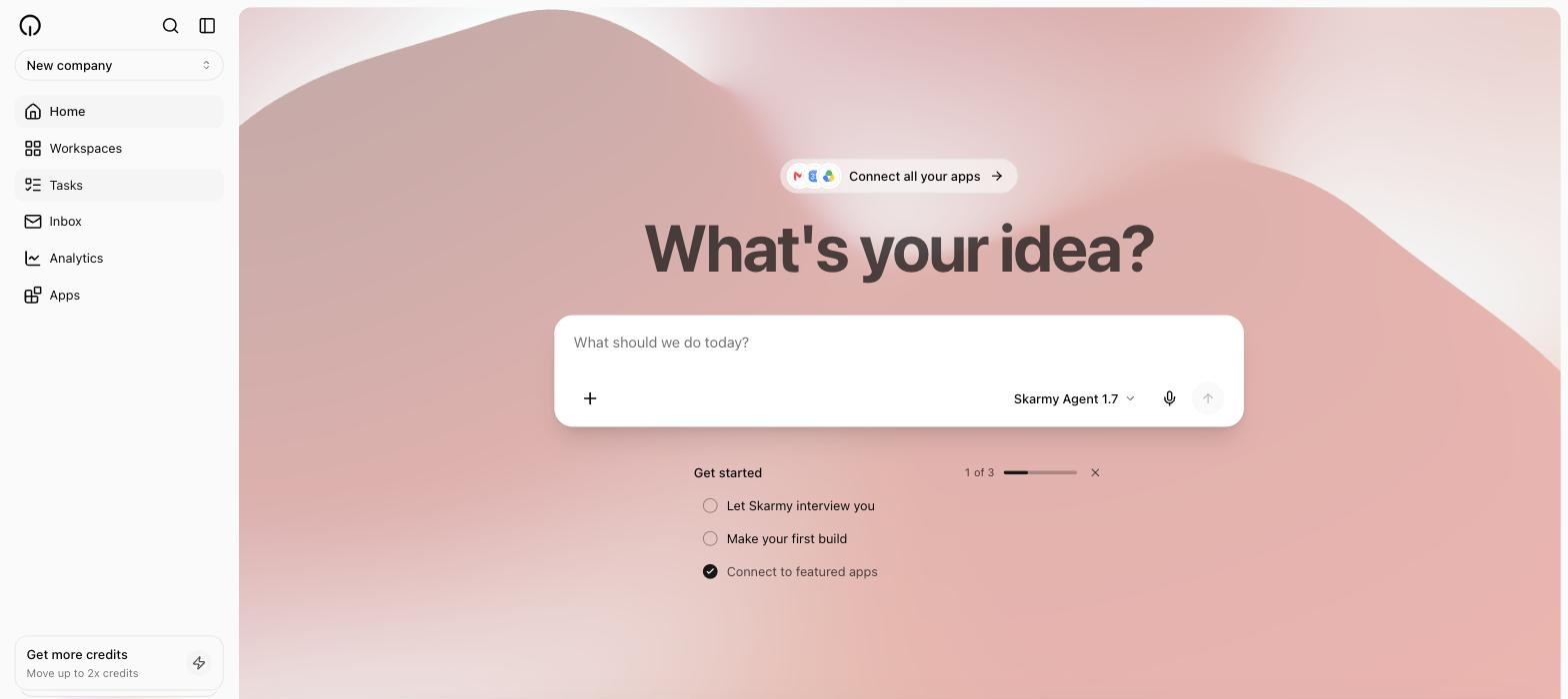 The Skarmy Home page: the heading What's your idea? above the composer, with the get-started checklist below and the sidebar showing Home, Workspaces, Tasks, Inbox, Analytics, and Apps