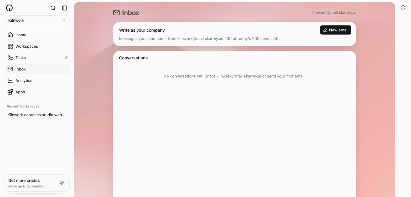 The Inbox for the Kilnwork example, showing the address kilnwork@mail.skarmy.ai, the Write as your company card with a New email button, and an empty Conversations list