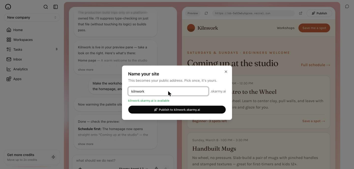 The Name your site dialog with kilnwork typed in, the hint kilnwork.skarmy.ai is available, and the button Publish to kilnwork.skarmy.ai