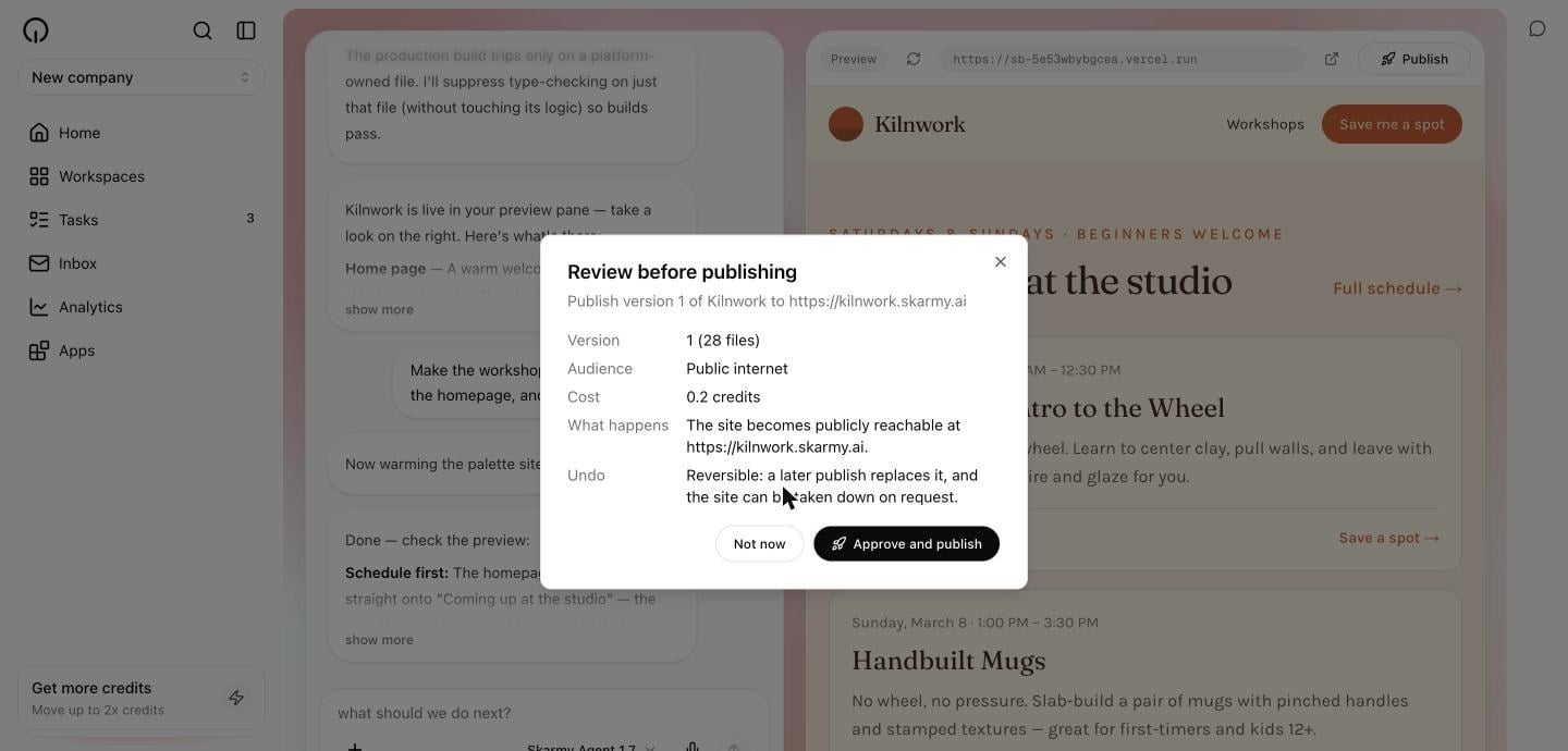 The Review before publishing dialog showing Version 1 (28 files), Audience Public internet, Cost 0.2 credits, what happens, and how to undo, with Not now and Approve and publish buttons