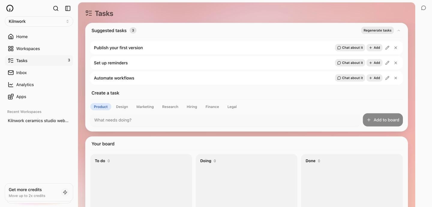 The Tasks page for the Kilnwork example: three suggested tasks with Chat about it and Add actions, the Create a task row with domain pills, and an empty board with To do, Doing, and Done columns