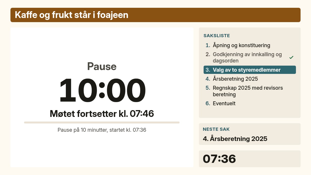 Hovedskjerm med beskjeden øverst, nedtellingen 10:00 og «Møtet fortsetter kl.» i hovedfeltet, og sakslisten, neste sak og klokken