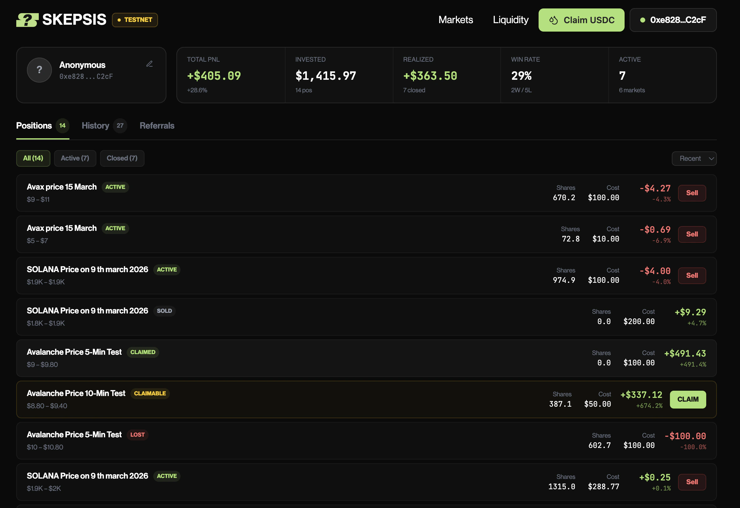 Portfolio page showing positions, PNL, win rate, and realized gains