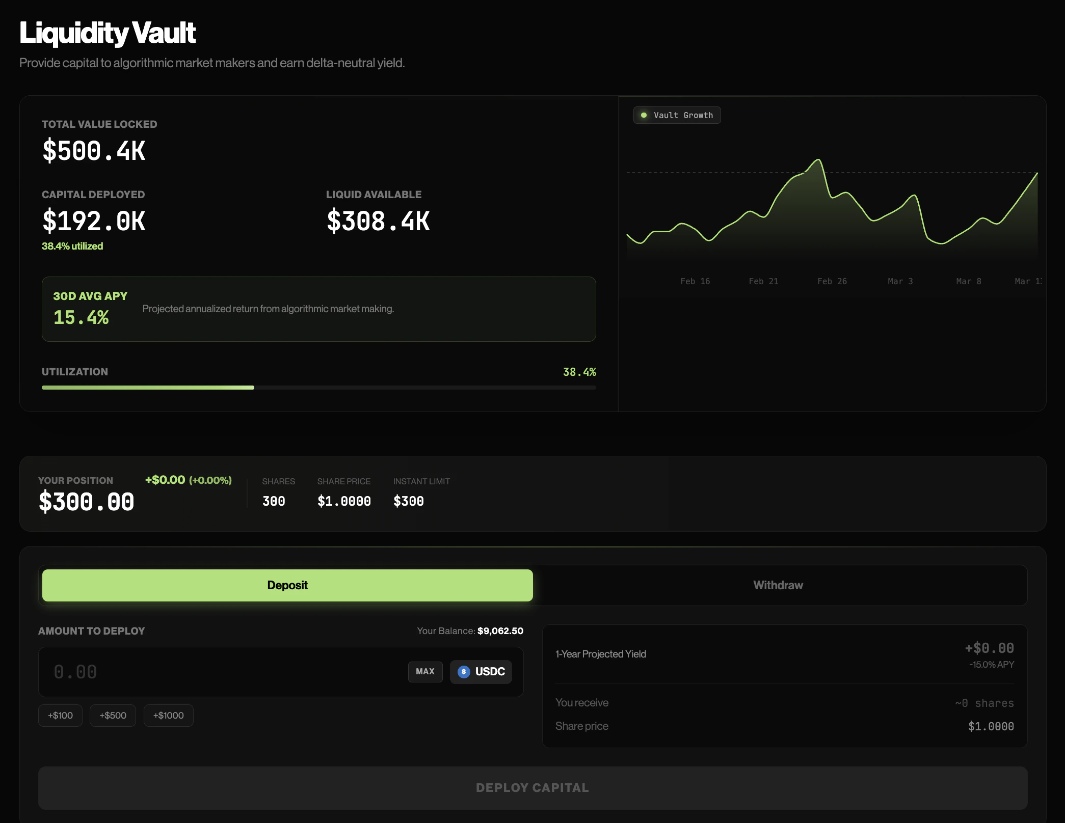 Vault overview showing deposit interface and earnings