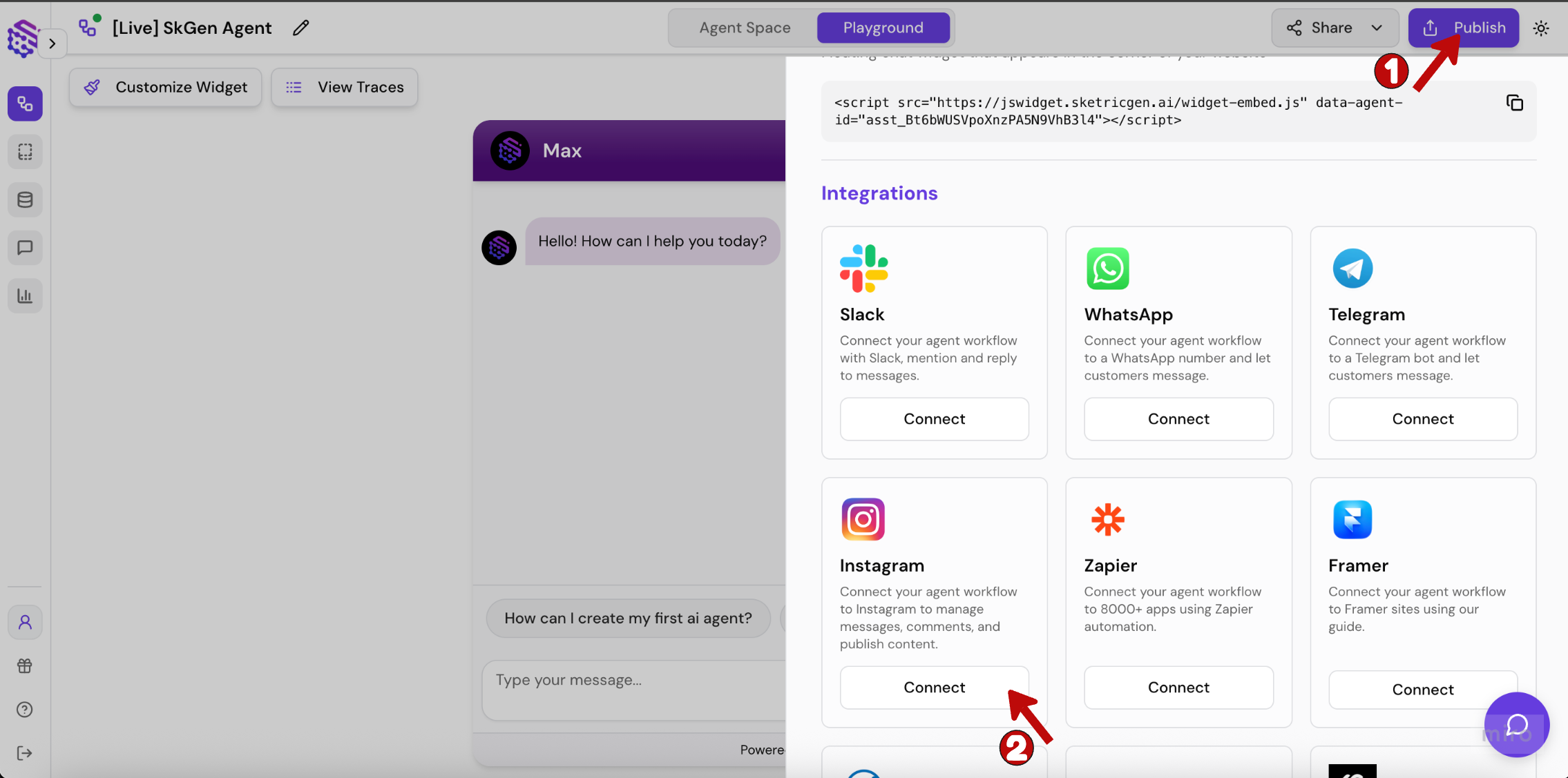 Screenshot showing the Instagram integration panel inside the Publish sidebar with a Connect button
