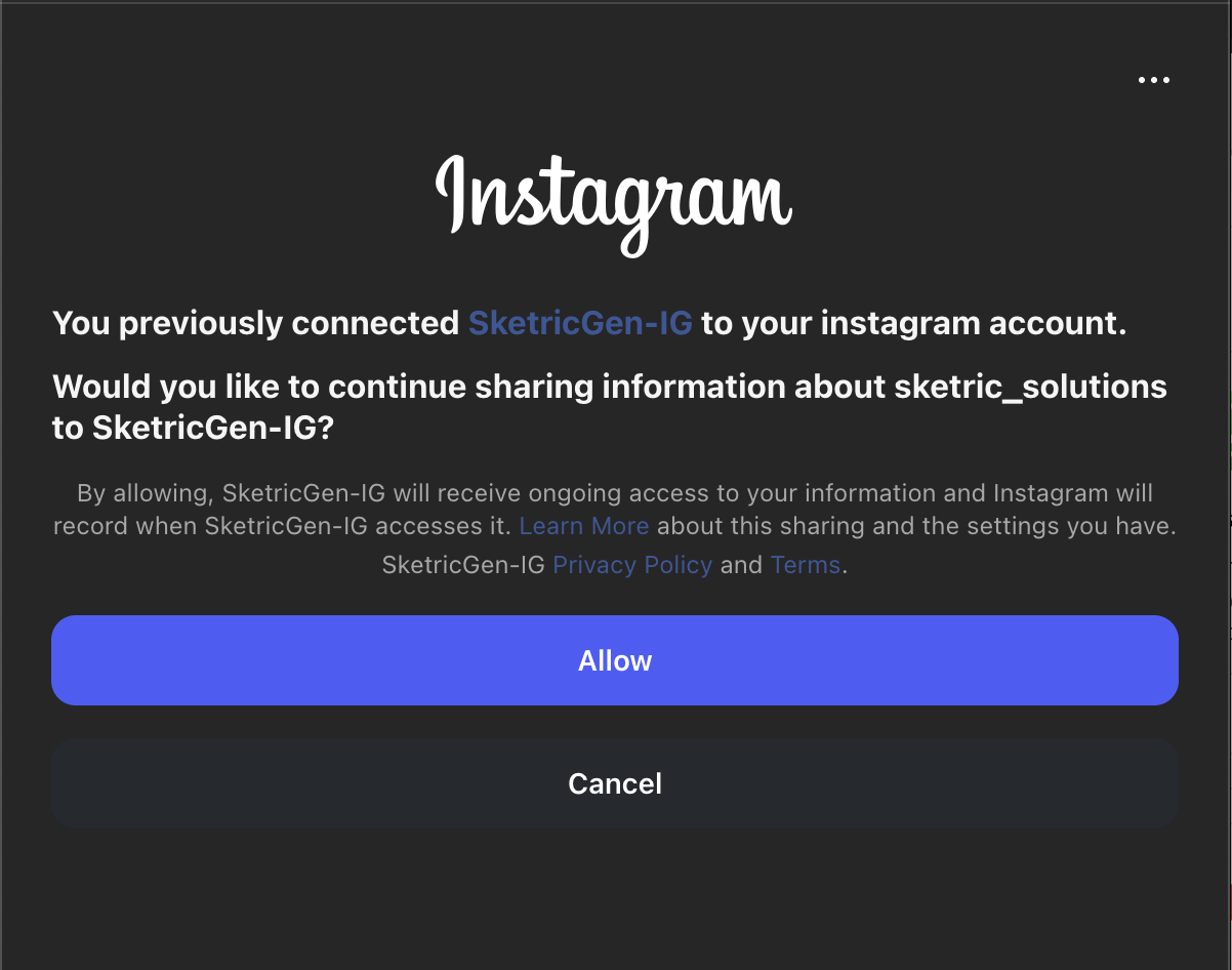 Screenshot showing the Instagram OAuth permissions prompt requesting access for SketricGen
