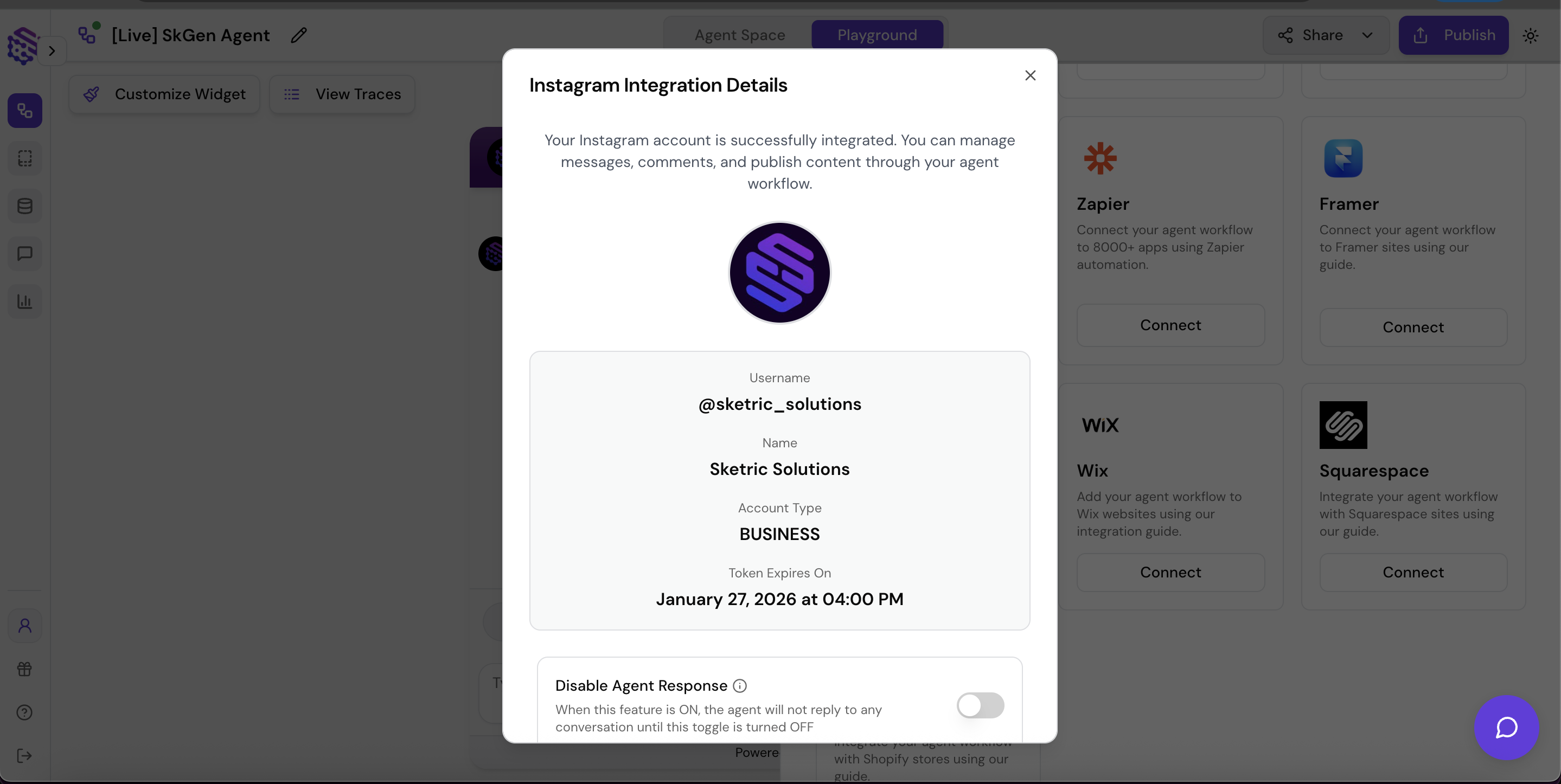 Screenshot showing the Instagram integration card after connection with the Manage button and account details visible