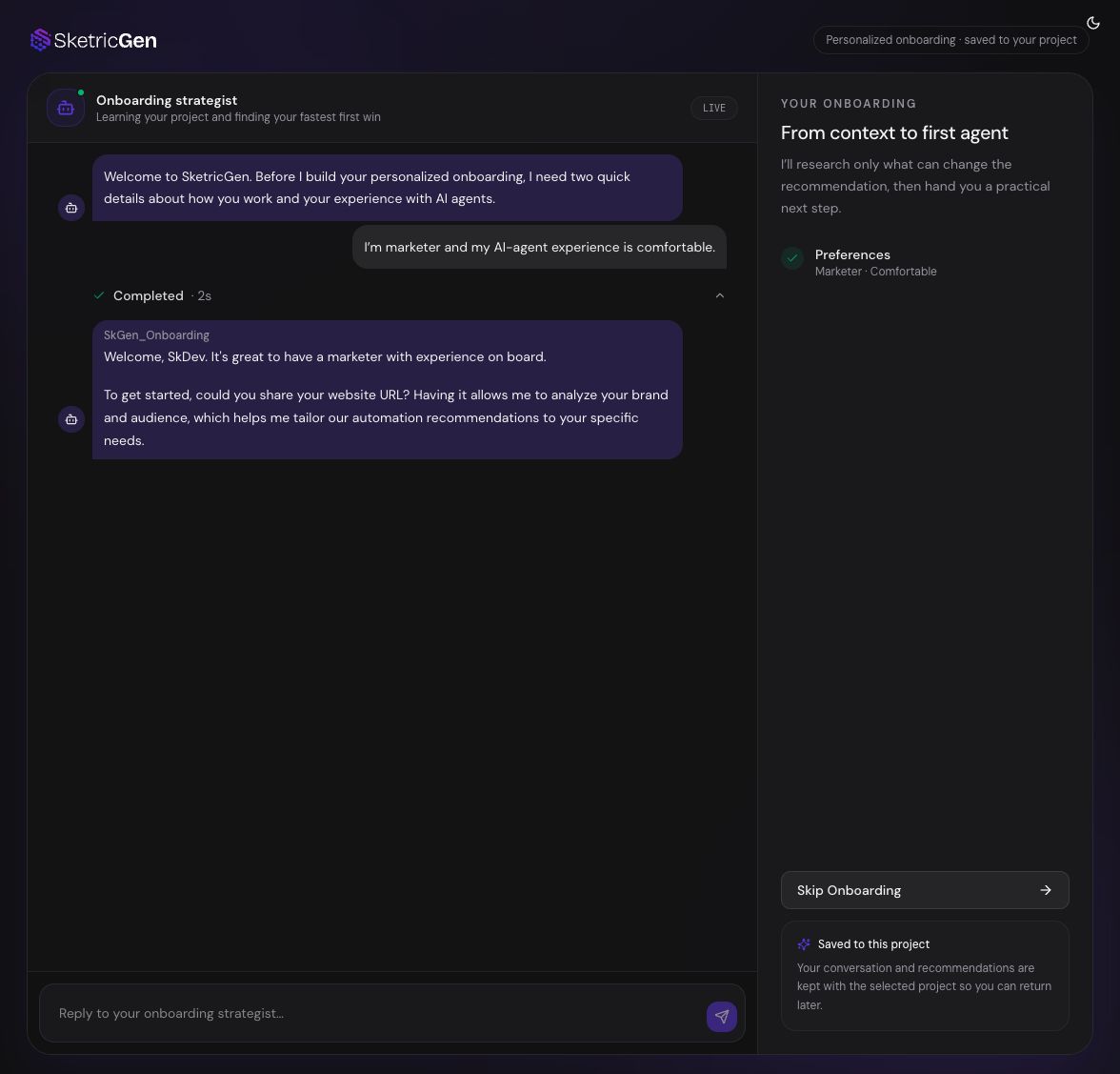 Onboarding strategist asking for an optional website after the user's preferences are saved