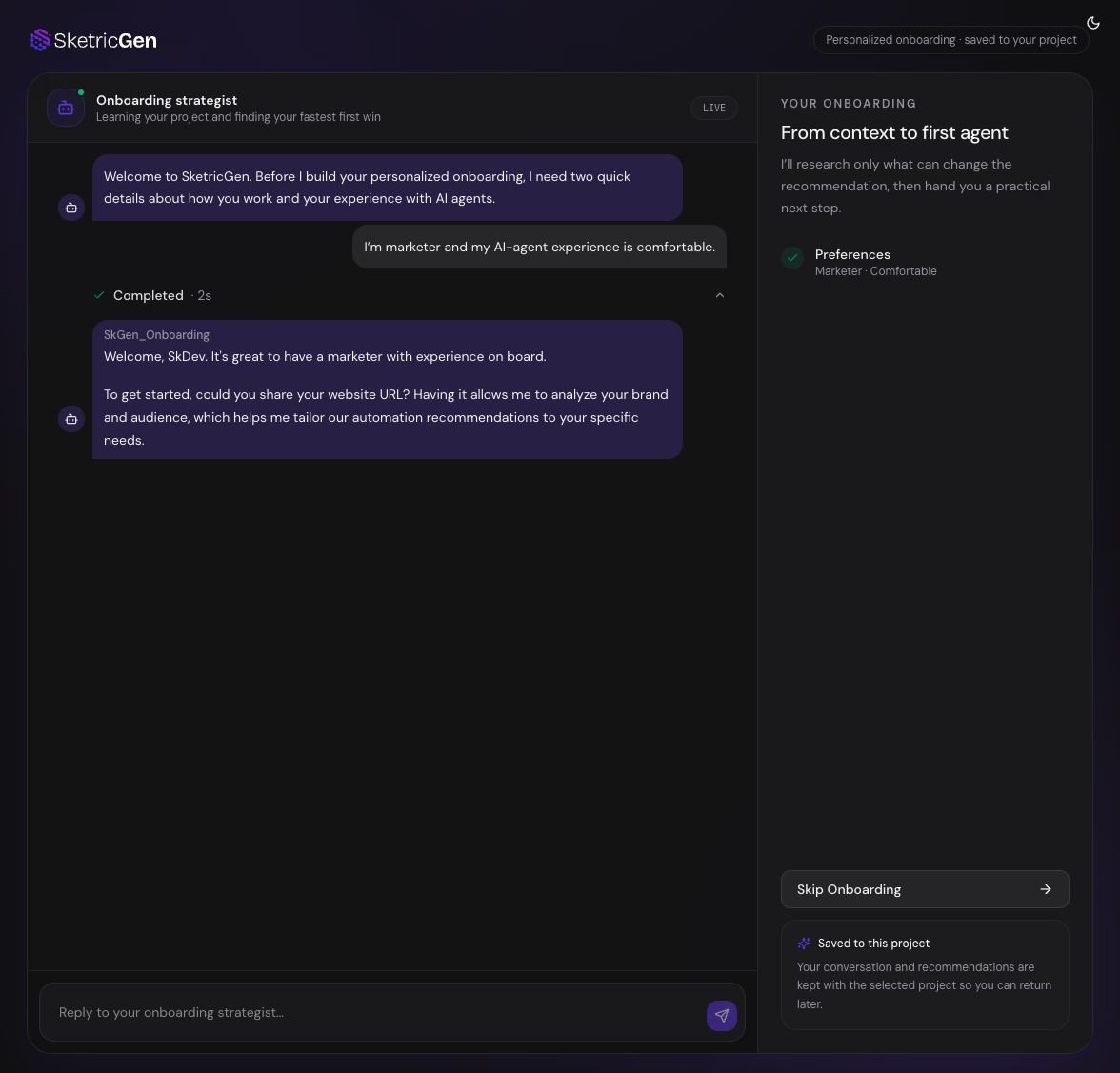 Onboarding strategist asking for an optional website after the user's preferences are saved