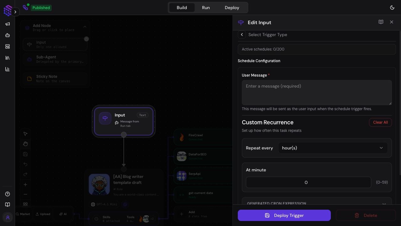 Agent Build canvas with the Input node selected and Scheduled Trigger configuration visible