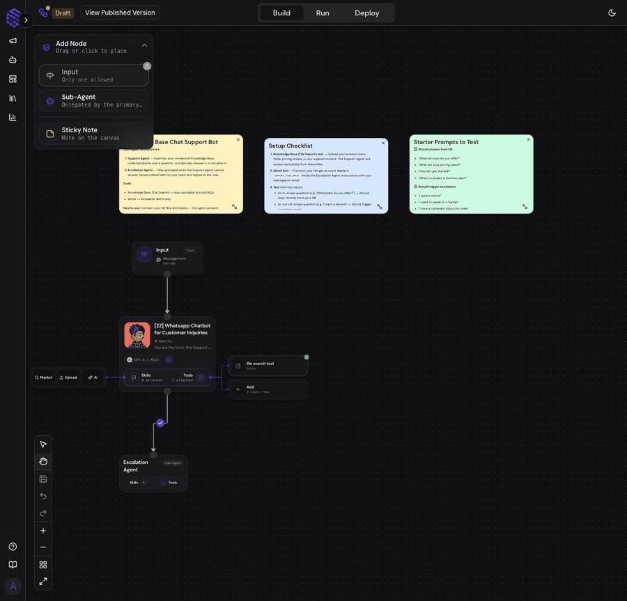 Agent Build canvas showing an agent's internal workflow and configuration panel