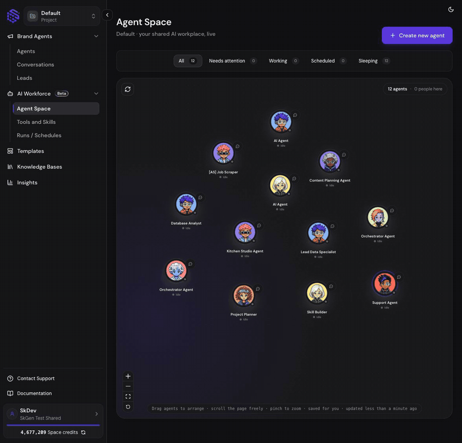 Agent Space showing the project workforce, status filters, and selected agent details