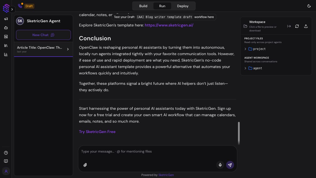 Playground showing a completed Blog Writer run, conversation history, prompt composer, and Project and agent workspaces