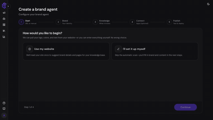 Brand Agent creation paths for website-based or manual setup
