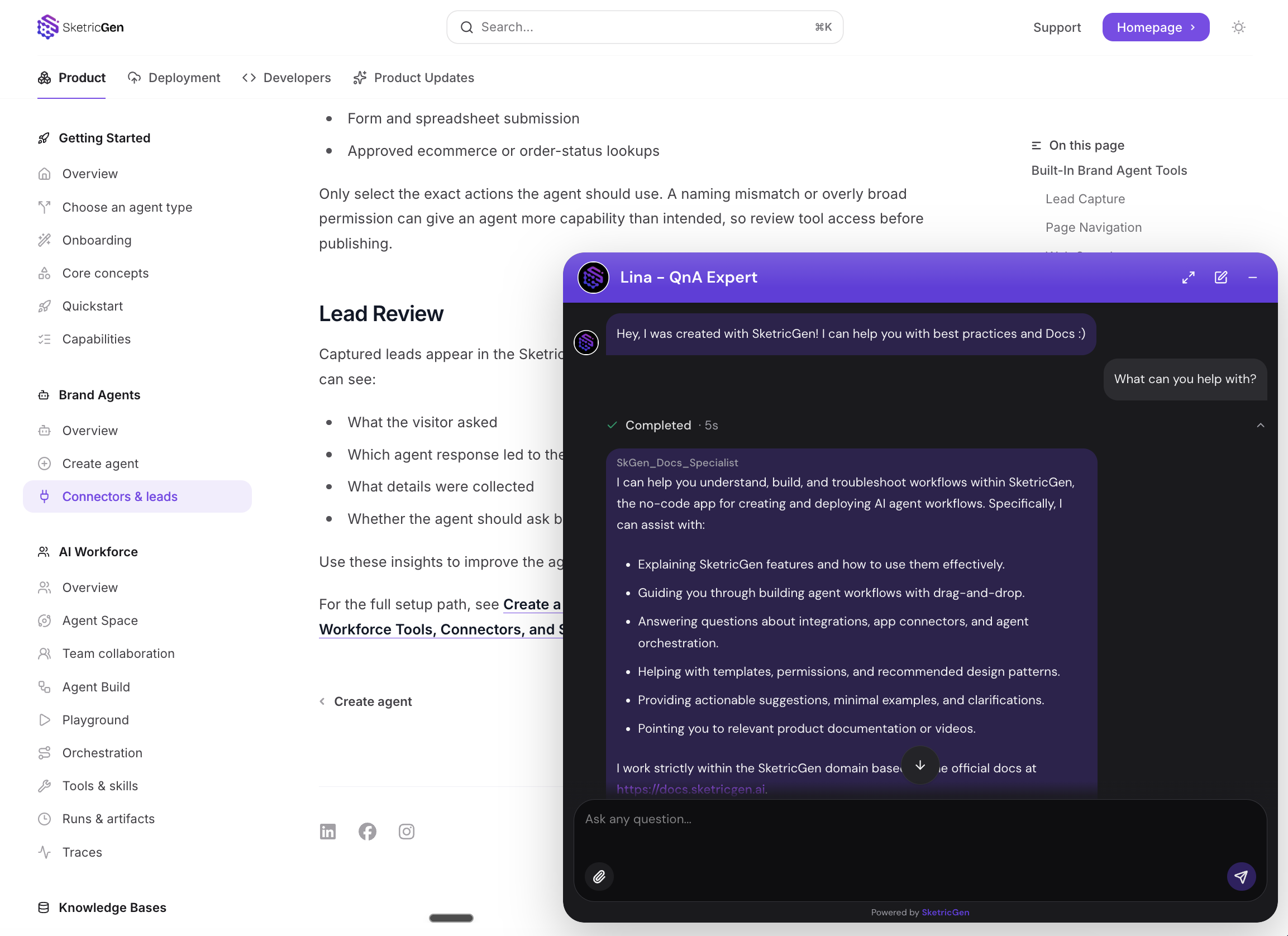 SketricGen documentation with the public Lina QnA Expert Brand Agent widget open in the bottom-right corner
