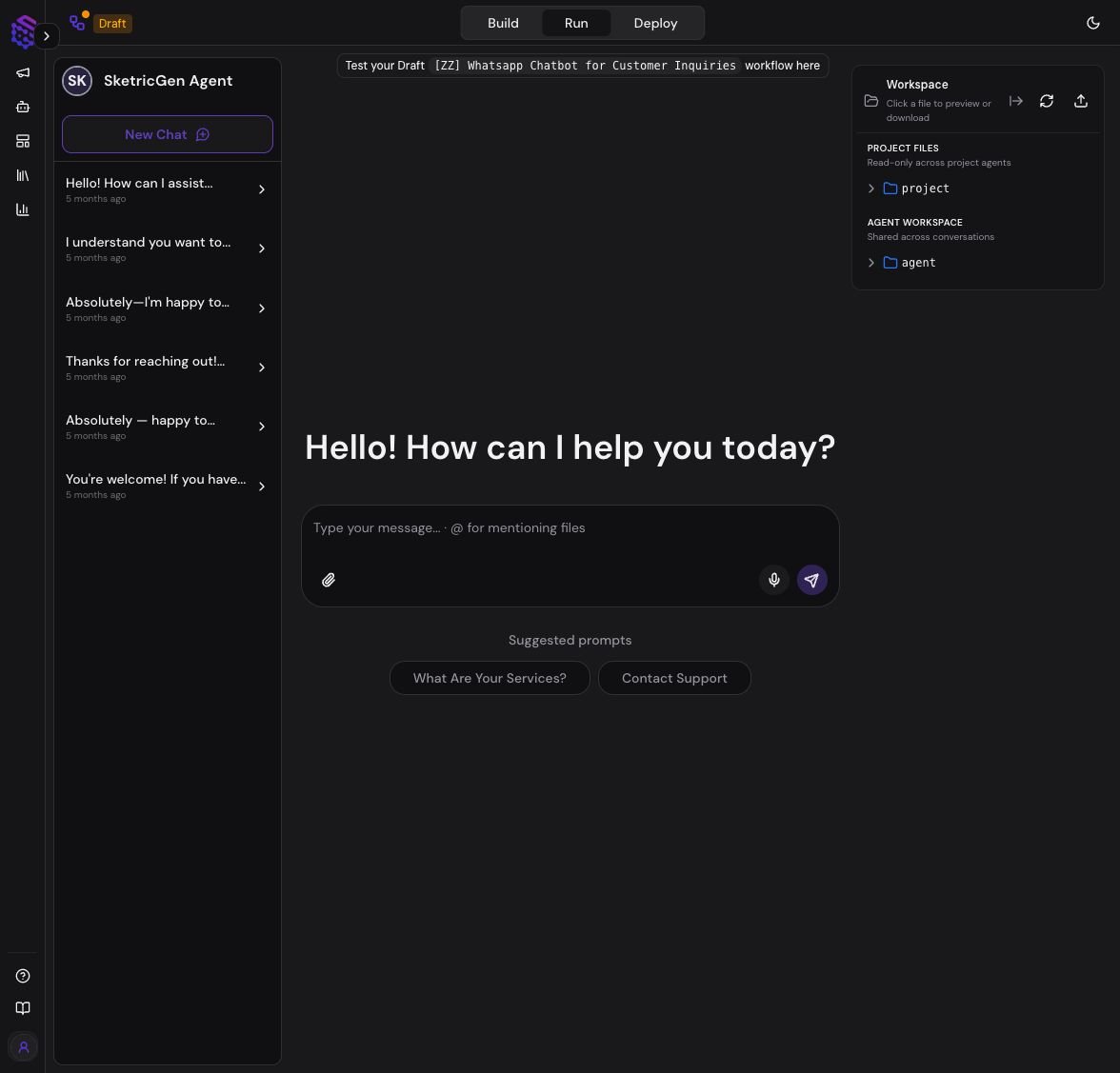 Playground with conversation history, live chat, and the shared agent workspace
