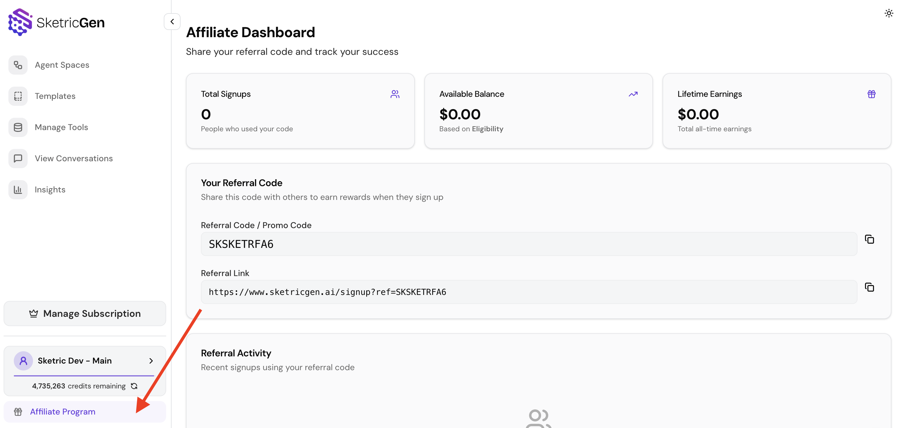 Screenshot showing the Affiliate Dashboard with referral code, available balance, and lifetime earnings