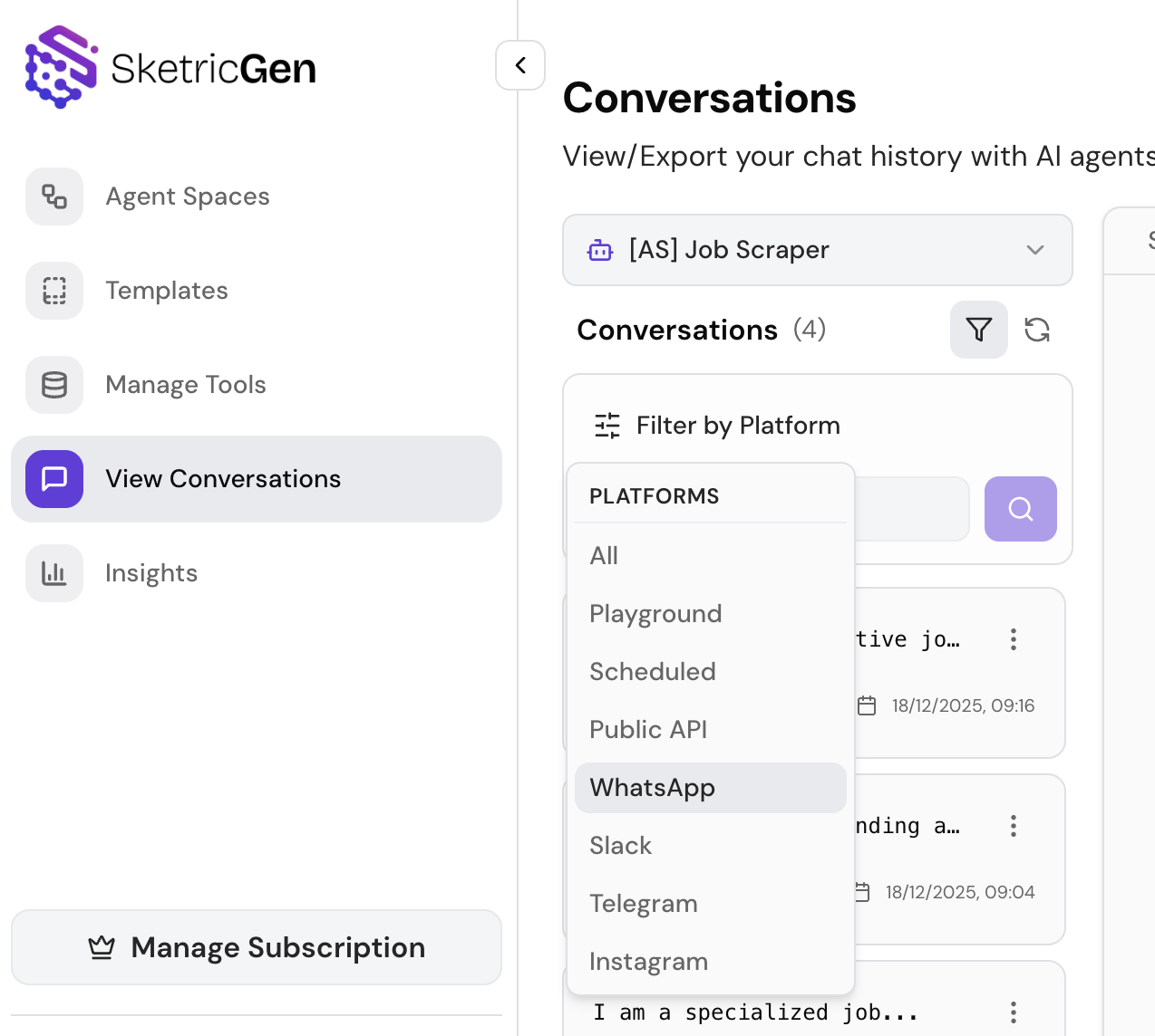 Screenshot showing the Conversations page with platform filter dropdown displaying options including Playground, Scheduled, Public API, WhatsApp, Slack, Telegram, and Instagram