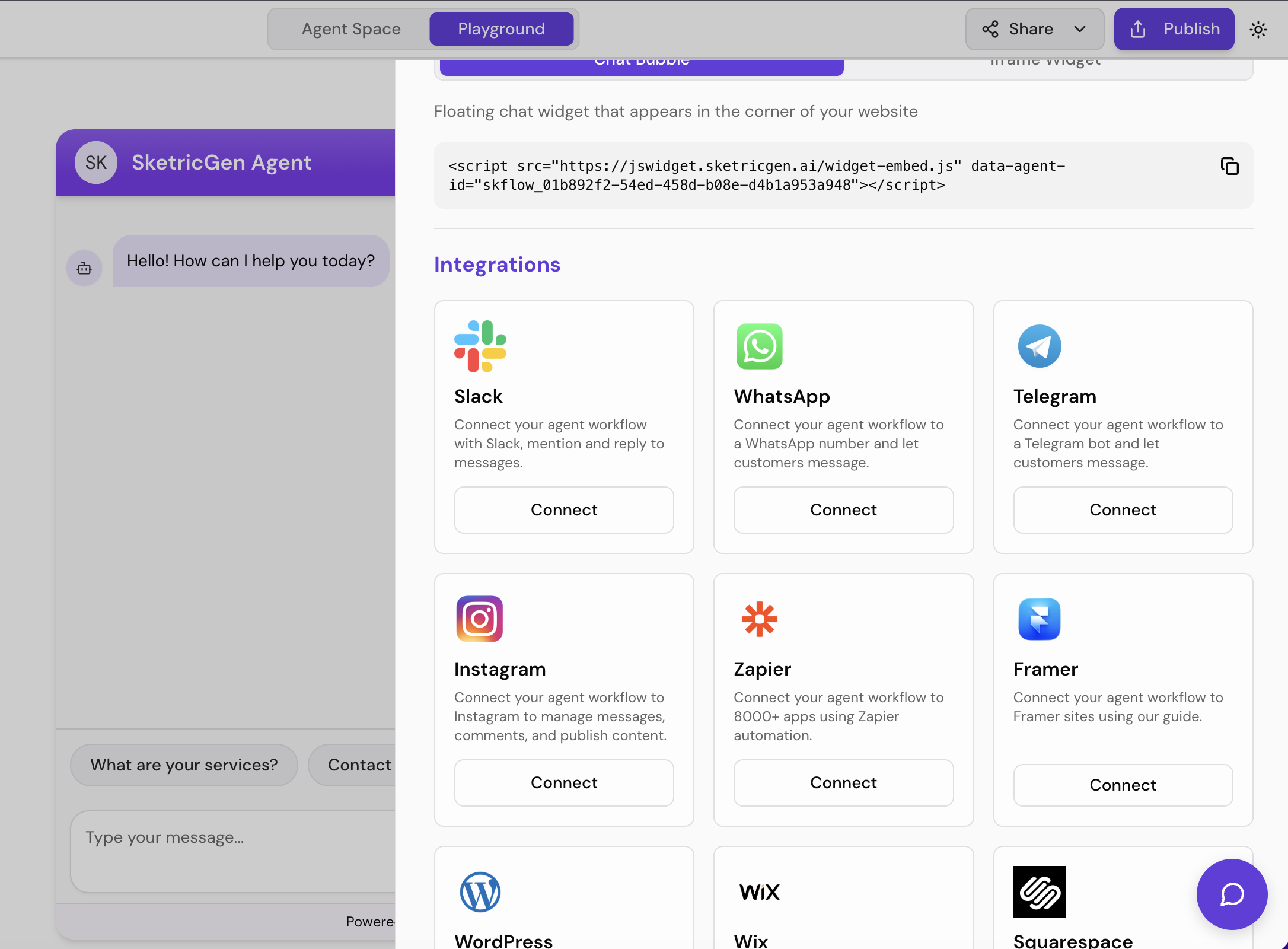 Screenshot showing the Integrations page with various integration options including Slack, WhatsApp, Telegram, Instagram, Zapier, Framer, WordPress, Wix, and Squarespace with Connect buttons
