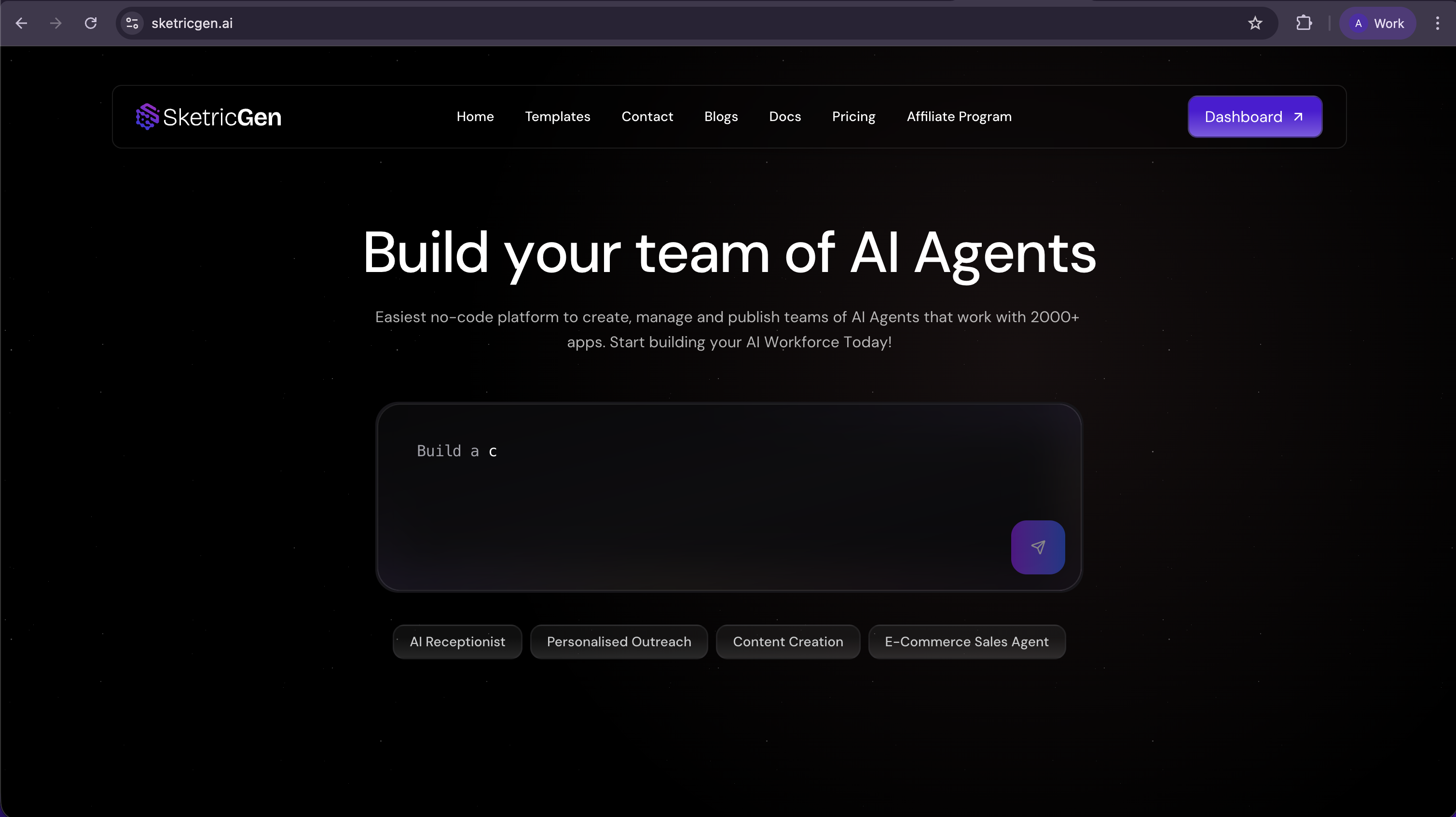 Screenshot showing the new SketricGen landing page with dark theme, featuring "Build your team of AI Agents" headline, search bar, and suggested use cases including AI Receptionist, Personalised Outreach, Content Creation, and E-Commerce Sales Agent