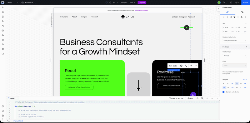 GIF showing how to resize the Embed Code element in Wix